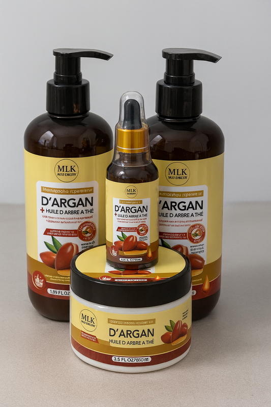 Kit complet Argan & Thé – Shampooing 500 ml • Conditionneur 500 ml • Masque 300 ml • Sérum 50 ml – MLK Hair Beauty